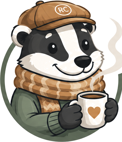 RC the Reyt Comfy badger relaxing with a mug