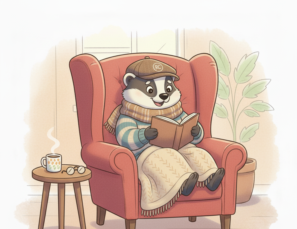 Reyt Comfy badger reading in a cosy armchair